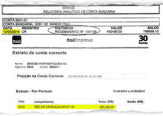 Extrato bancário mostra transferência no valor de R$ 450 mil. Reprodução 